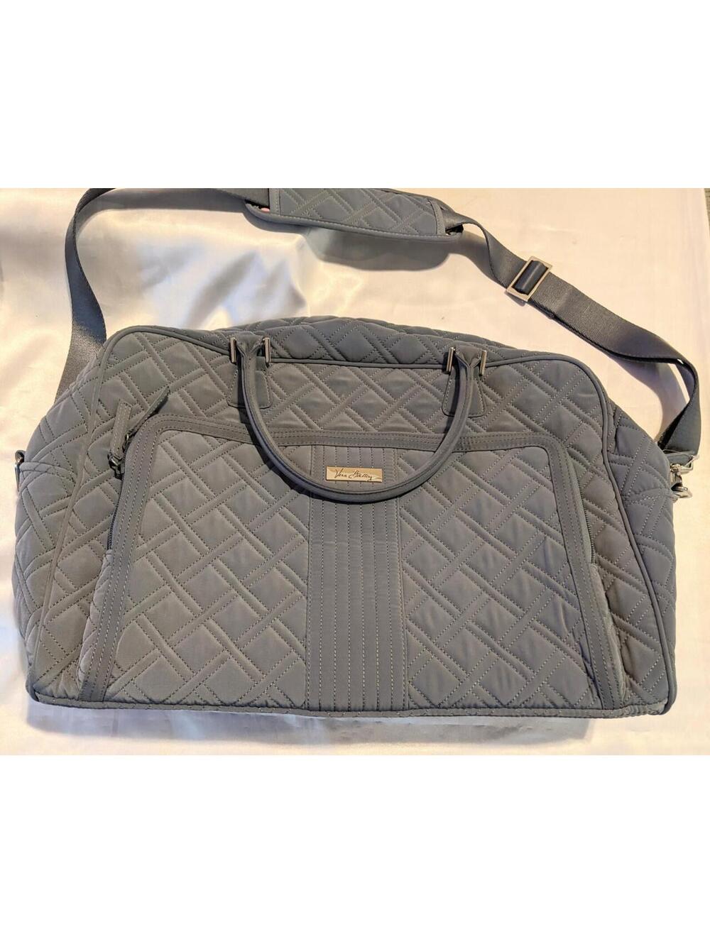 Vera Bradley Gray Microfiber Boston Bag Weekender Travel Bag Trolley Sleeve EUC